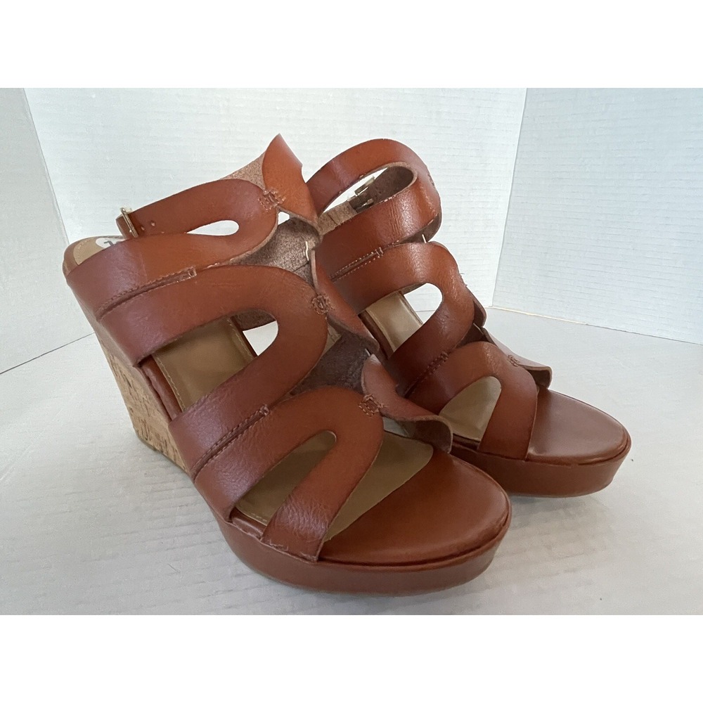Material Girl Cognac Brown Strappy Wedge Sandal Ankle Buckle Size 10